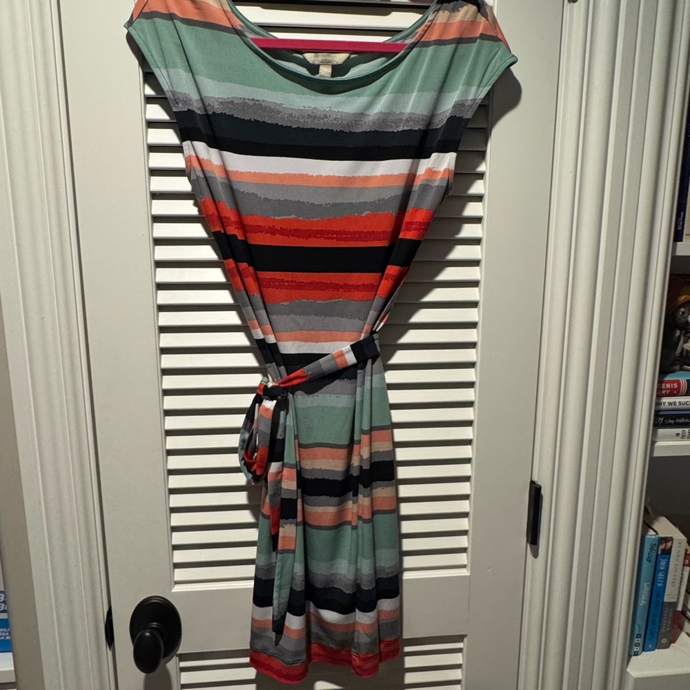 Banana Republic Striped Midi Dress in Red, Orange, and Gray